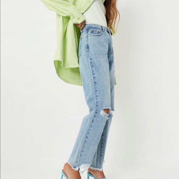 blue slim straight high waisted thigh slash jeans - Picture 5 of 7